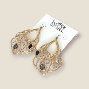 NEW Badgley Mischka Gold Textured Wire Hoop Statement Earrings with Rhinestones
